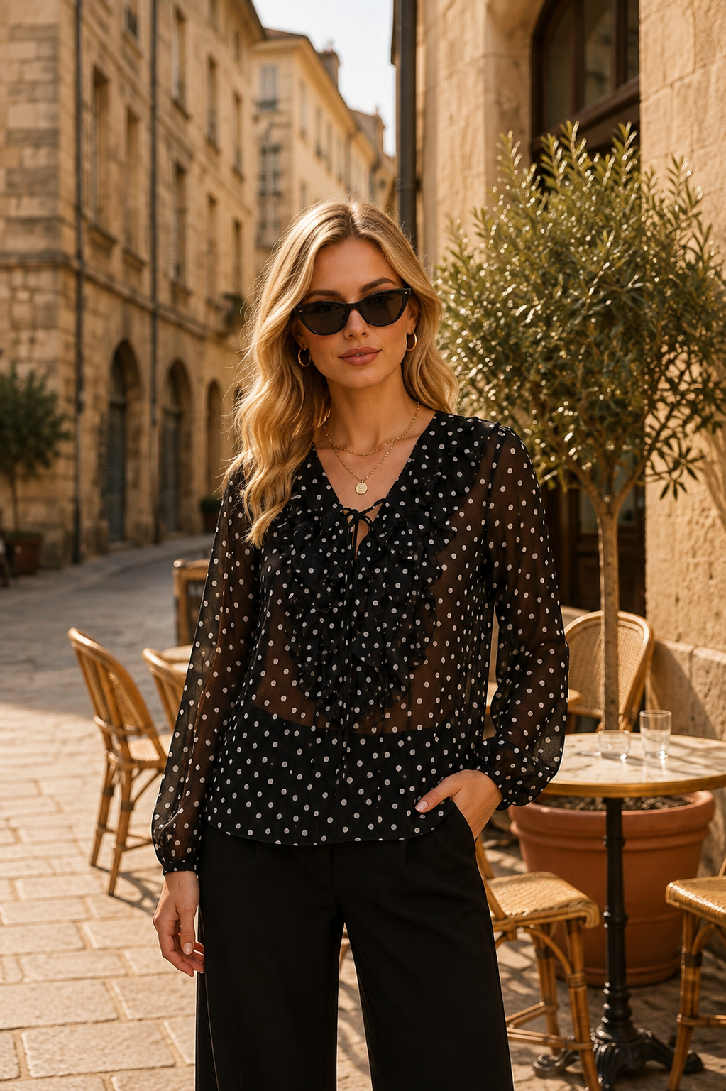 L’Intemporelle à pois – Blouse noire à volants Mila🖤